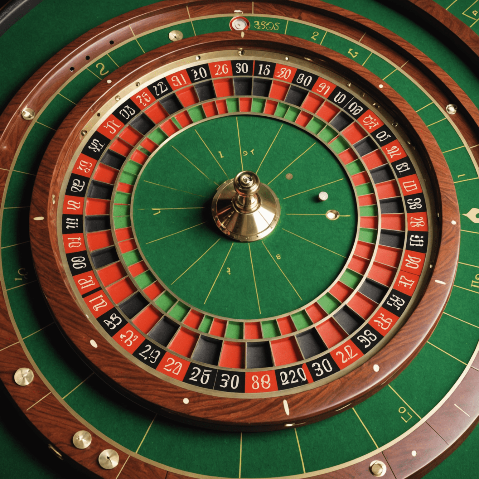 A detailed image of a roulette wheel, showing its intricate design with numbered pockets and the ball in motion. The wheel is set against a green felt table, creating a classic casino atmosphere.