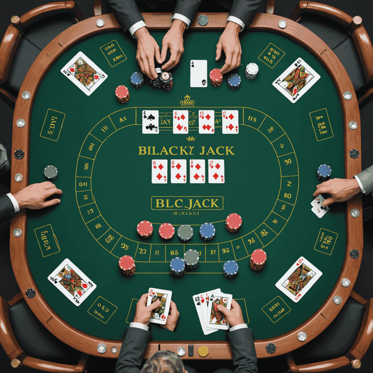 Illustration of a blackjack table layout with cards spread out, showing various hand combinations and their values